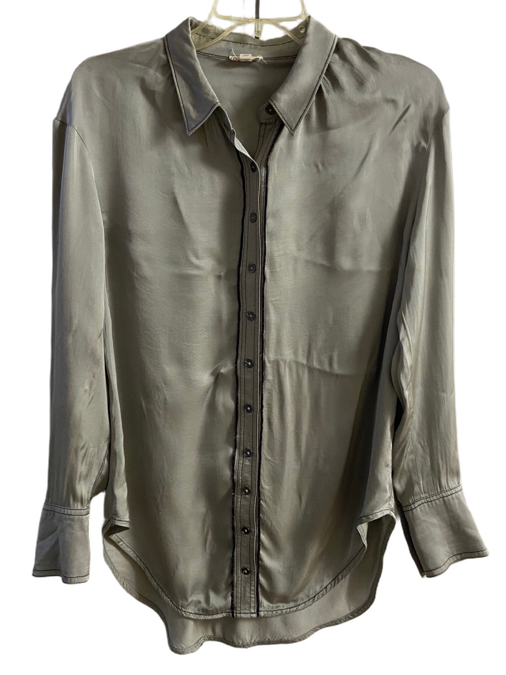 Pilcro Satin Contrast Piping Button Down Shirt Blouse Silk Look Small